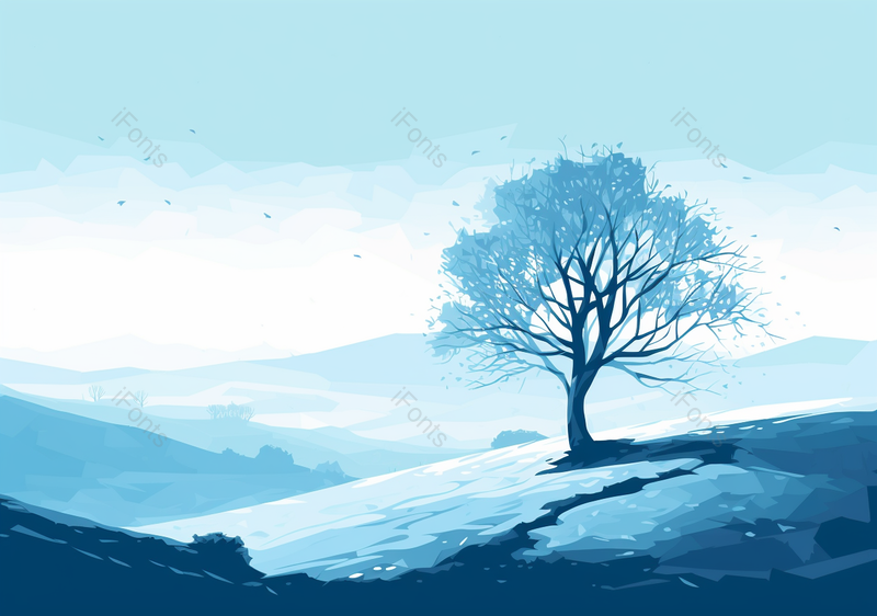 蓝色雪景大树山丘雪地手绘插画背景,插画/手绘图,插画/手绘图库,插画/手绘图下载,插画/手绘